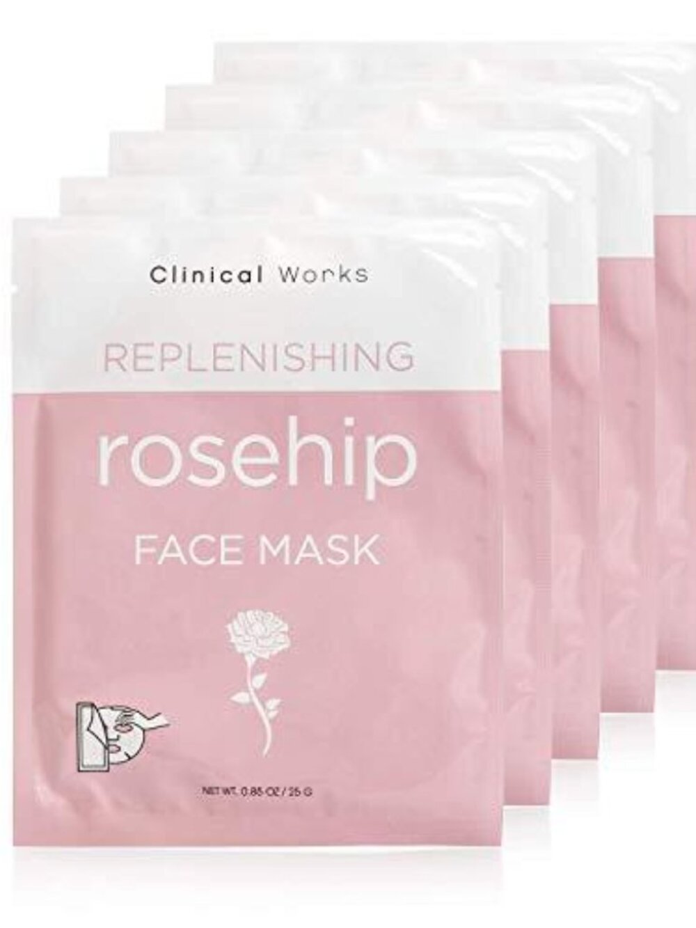 NEW Clinical Works Pack of 5 Rosehip Face Mask Sheets with Hyaluronic Acid